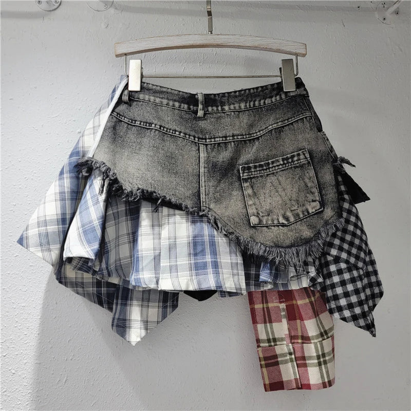 Blue Moon Fashion Patchwork Plaid Button Design Denim Skirts