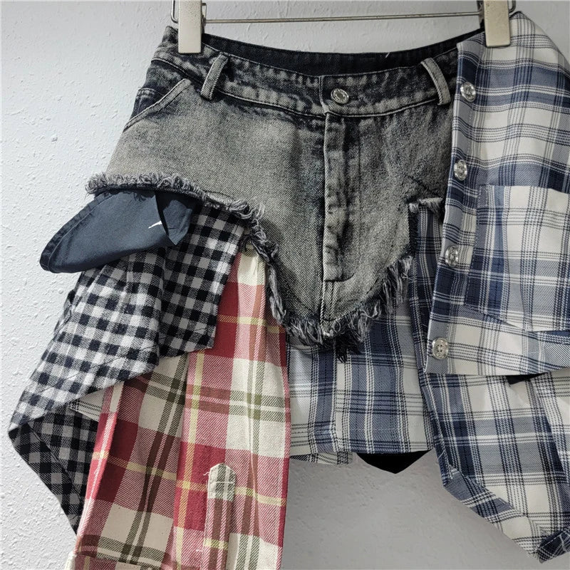 Blue Moon Fashion Patchwork Plaid Button Design Denim Skirts
