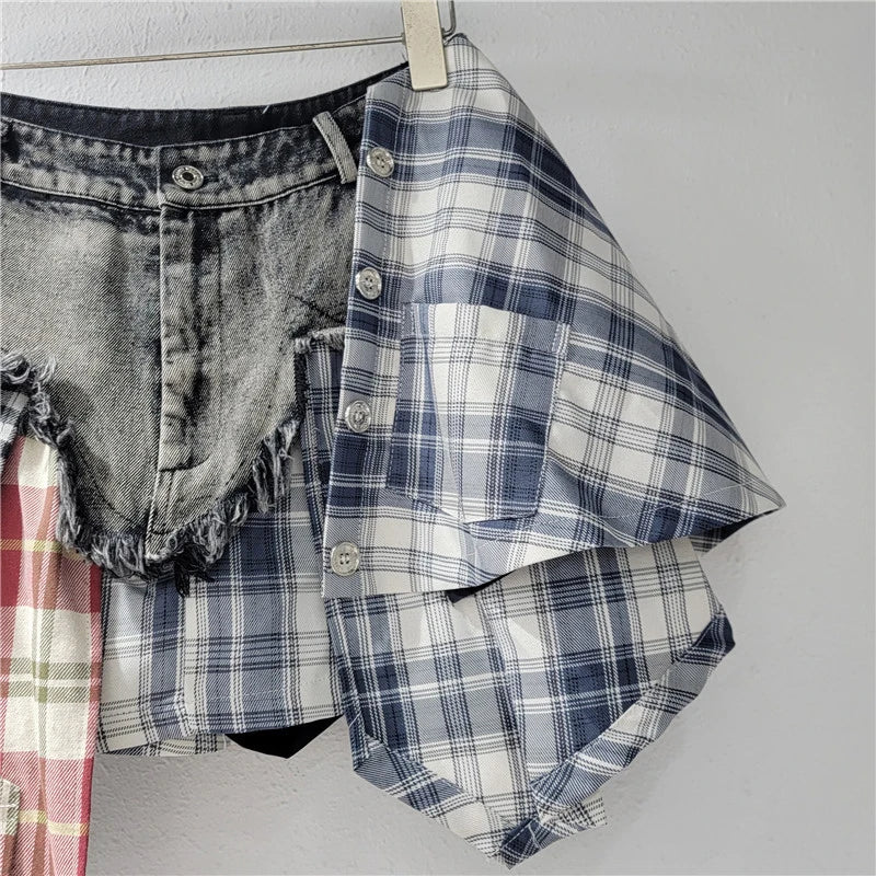 Blue Moon Fashion Patchwork Plaid Button Design Denim Skirts
