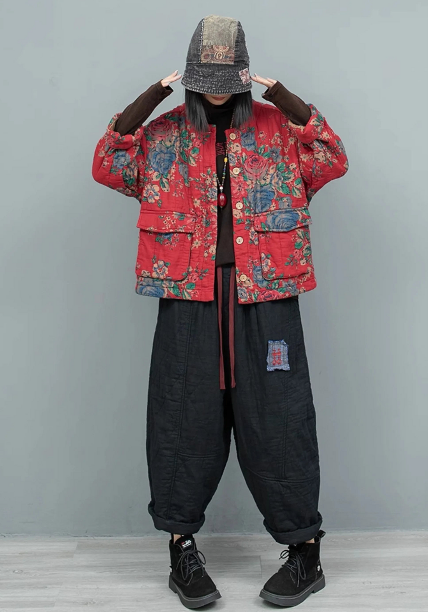 Big Flower Cotton Thick Jacket + Pant Two-piece Set Women Fashion LX2620