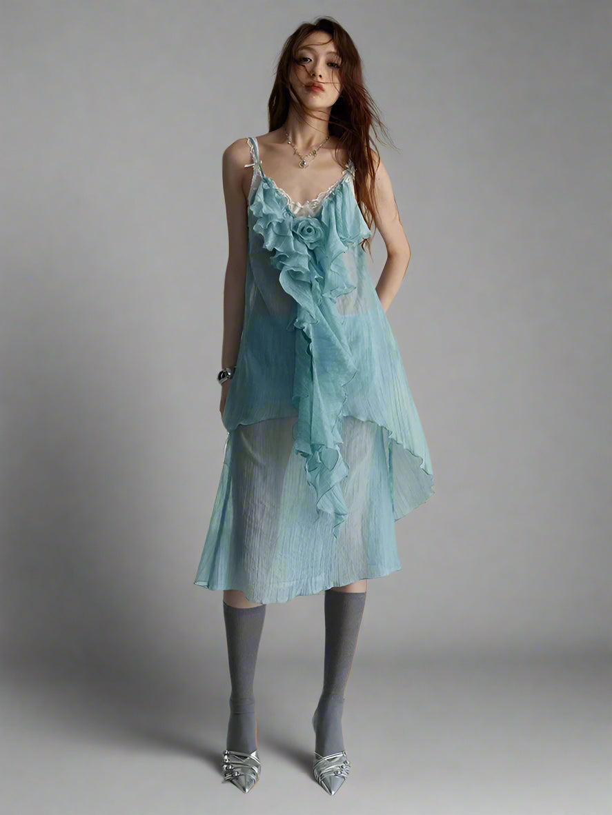 Green Ruffles Tank Top and Skirt Two Pieces Suit