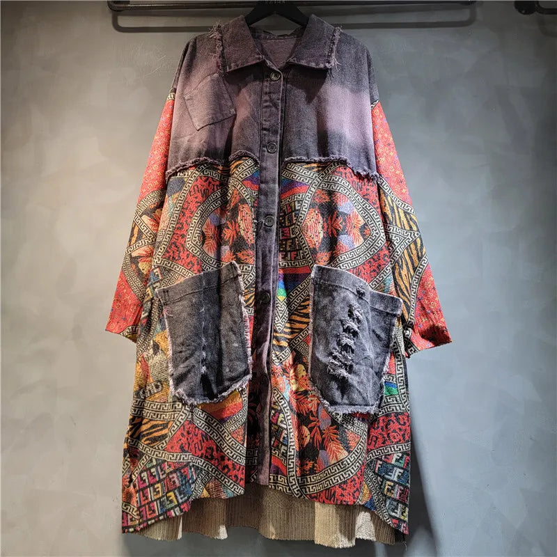 Blue Moon Fashion Irregular Patchwork Print Denim Long Coat