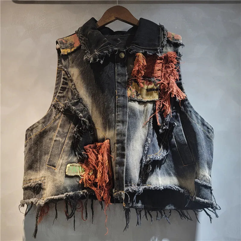Blue Moon Fashion Vintage Women's Patchwork Burr Edge Denim Vest