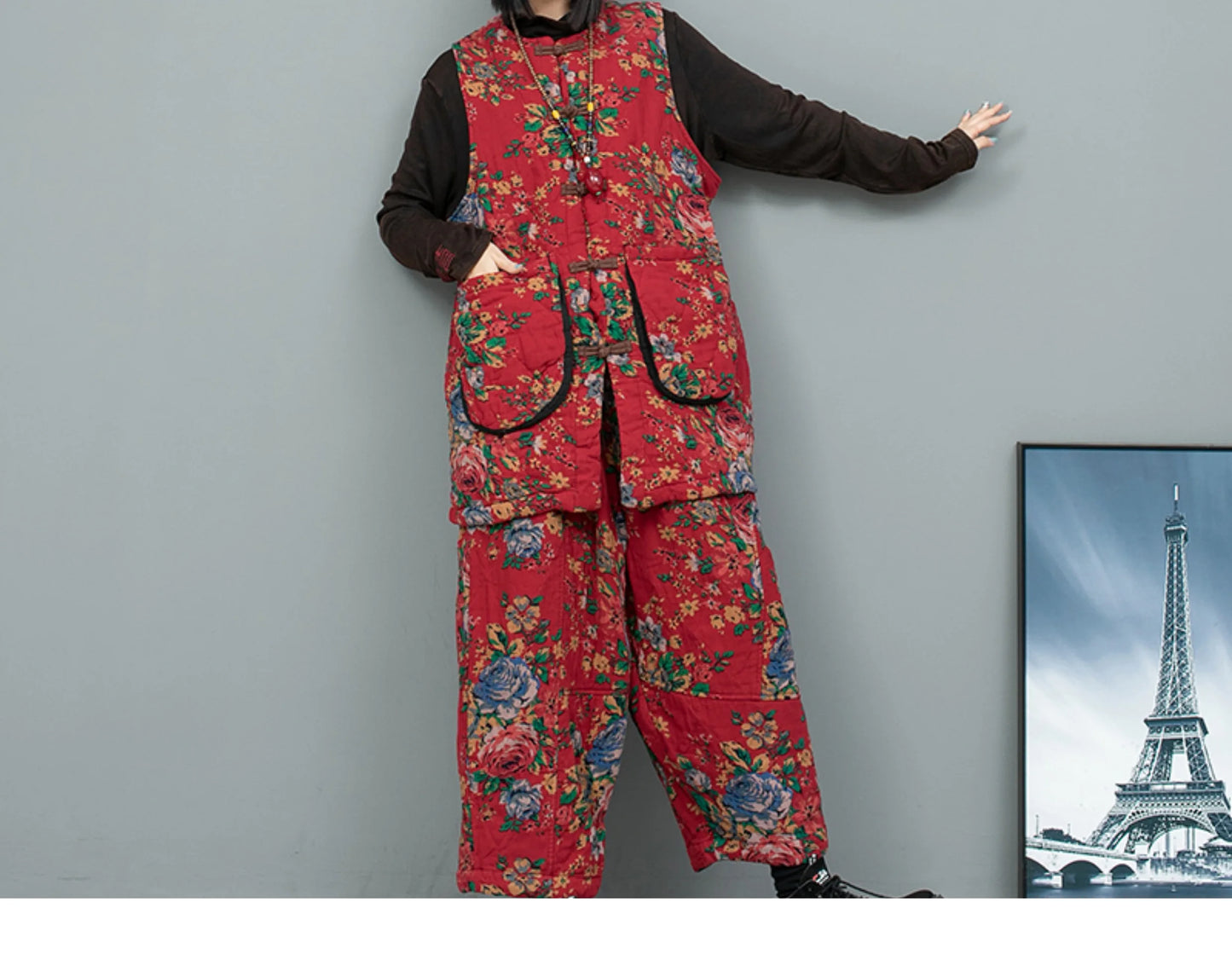 2PCS Chinese Style Floral Print Padded Clothing Set Plus Size Winter Thick Pants Suit Long Style Sleeveless Coat +Trousers