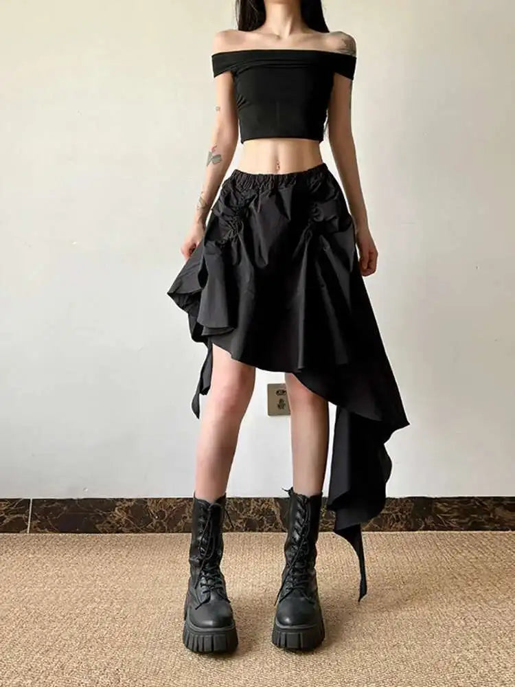 Black KN Irregular Design Ruffles Skirt