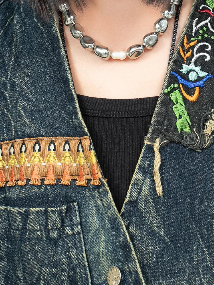 Blue Moon Fashion New Retro Ethnic Style Embroidery Denim Two-piece Set