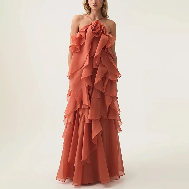Flower Ruffles Backless Elegant Dress