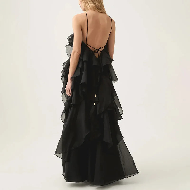 Flower Ruffles Backless Elegant Dress