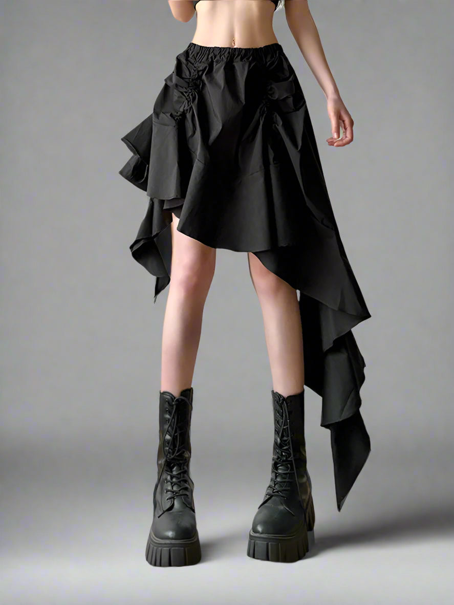 Black KN Irregular Design Ruffles Skirt