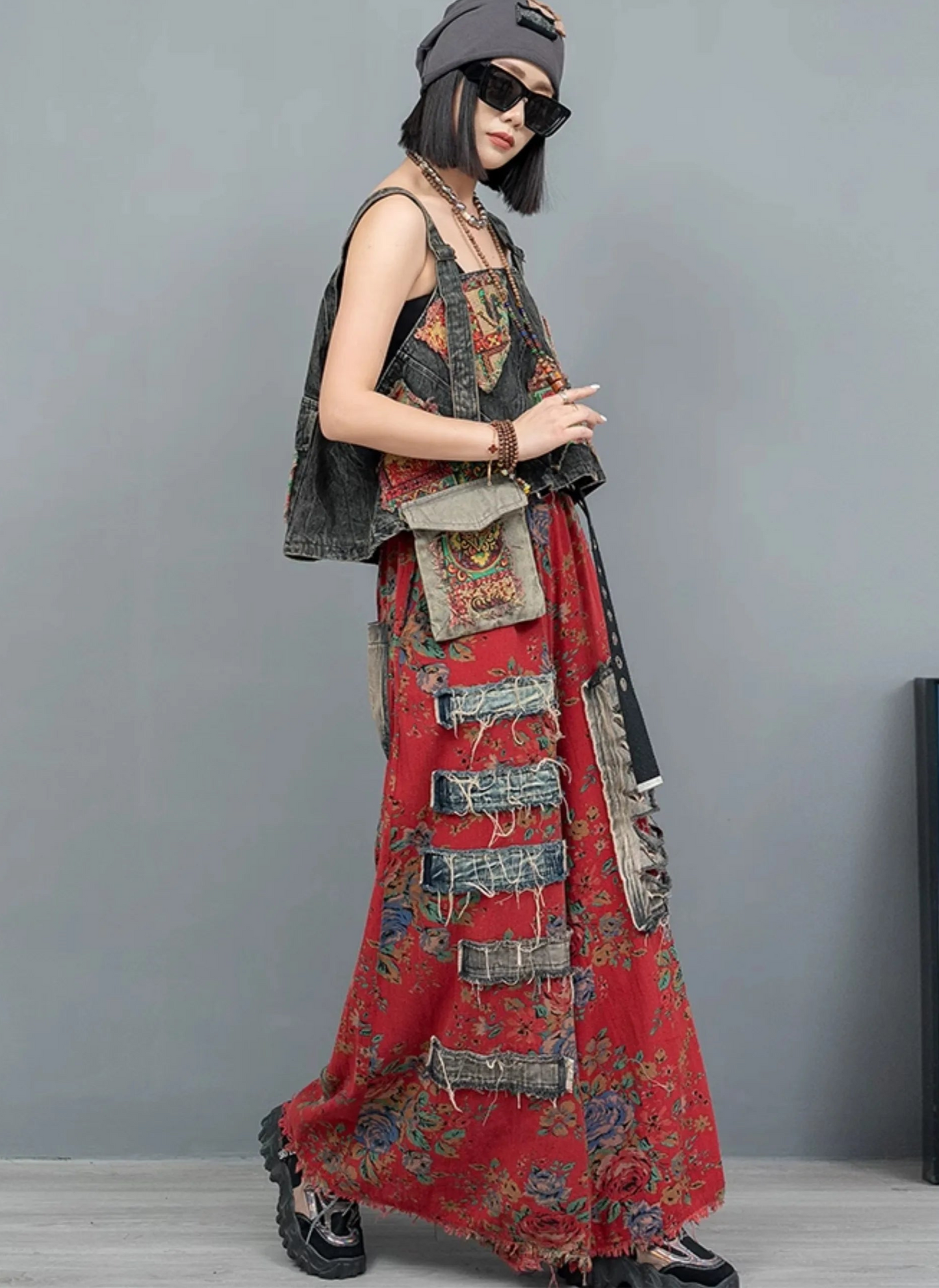 Blue Moon Fashion Vintage Style Printed Denim Vest Wide-leg Trousers Two-piece Set