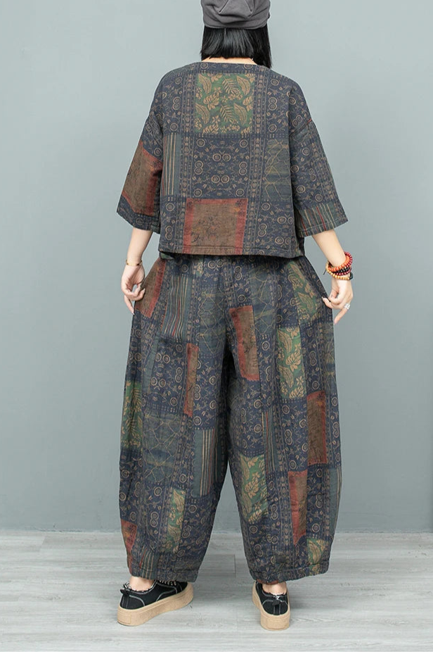 Blue Moon Fashion Ethnic Style Literary Print Two-piece Set