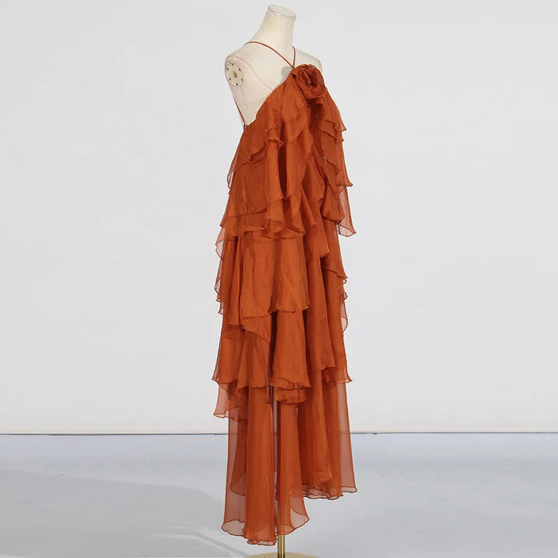 Flower Ruffles Backless Elegant Dress