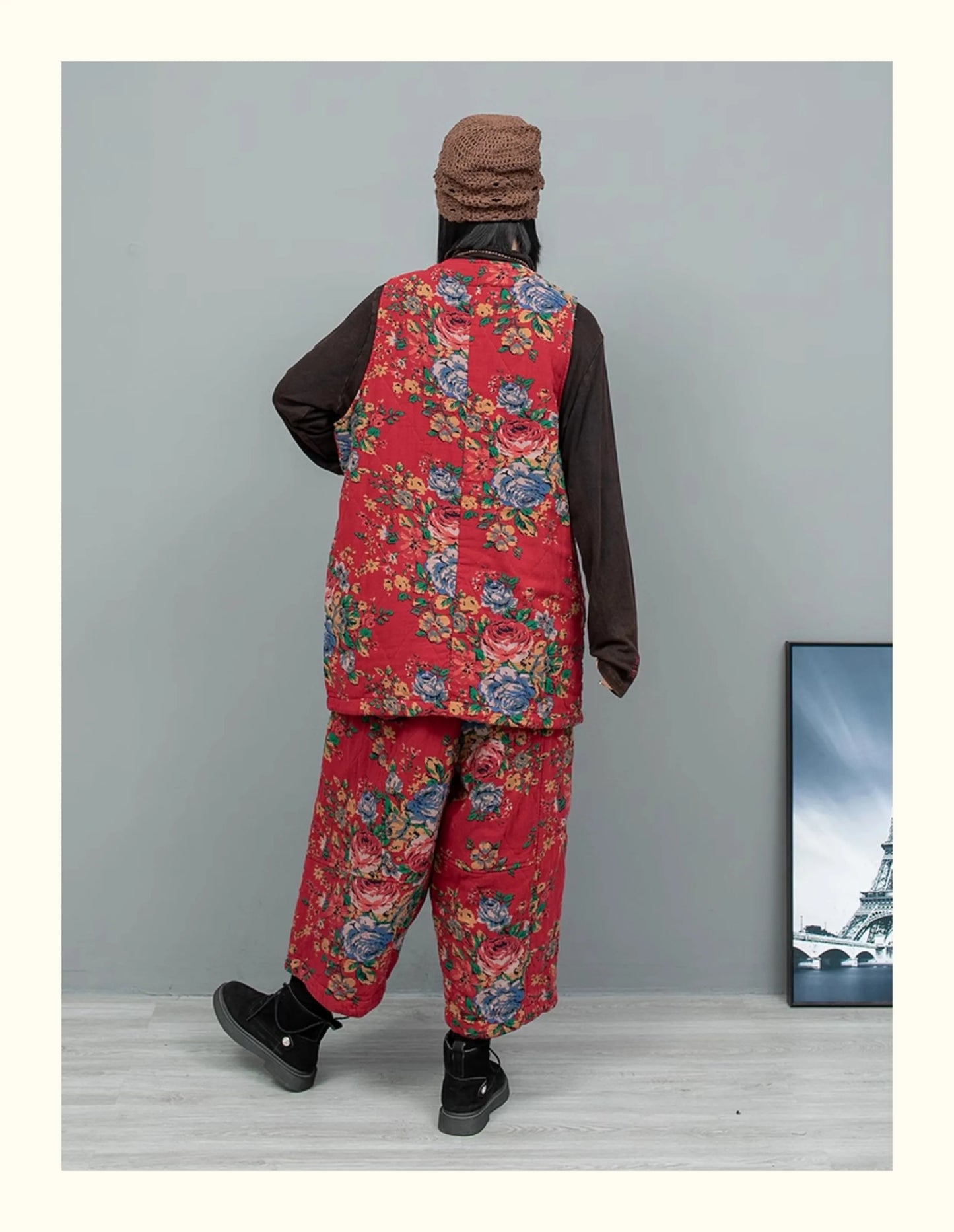2PCS Chinese Style Floral Print Padded Clothing Set Plus Size Winter Thick Pants Suit Long Style Sleeveless Coat +Trousers