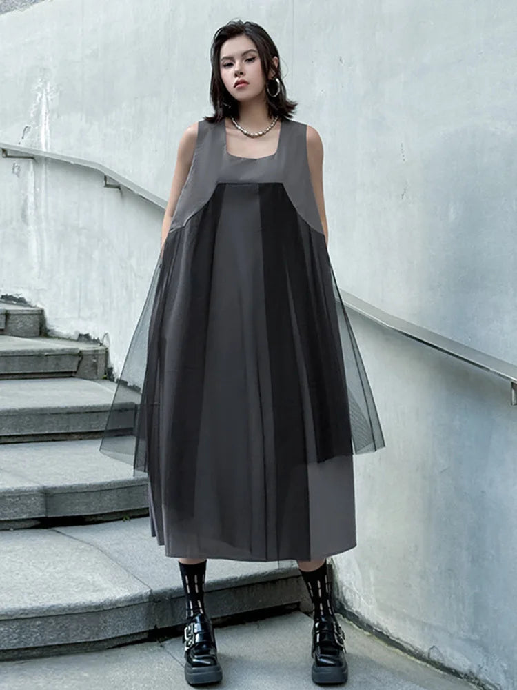 Blue Moon Fashion Gray Mesh Color-block Big Size Midi Vest Dress