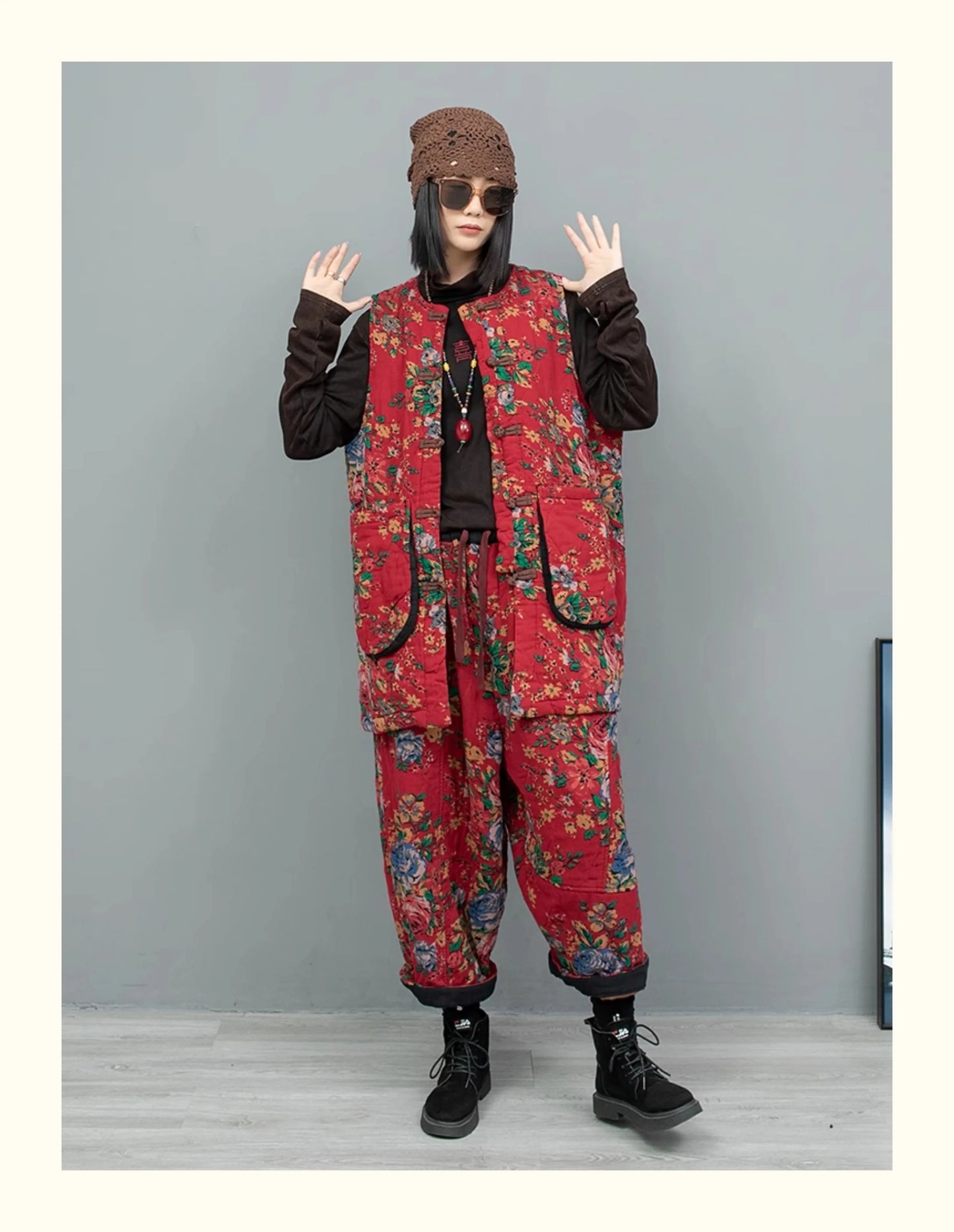 2PCS Chinese Style Floral Print Padded Clothing Set Plus Size Winter Thick Pants Suit Long Style Sleeveless Coat +Trousers