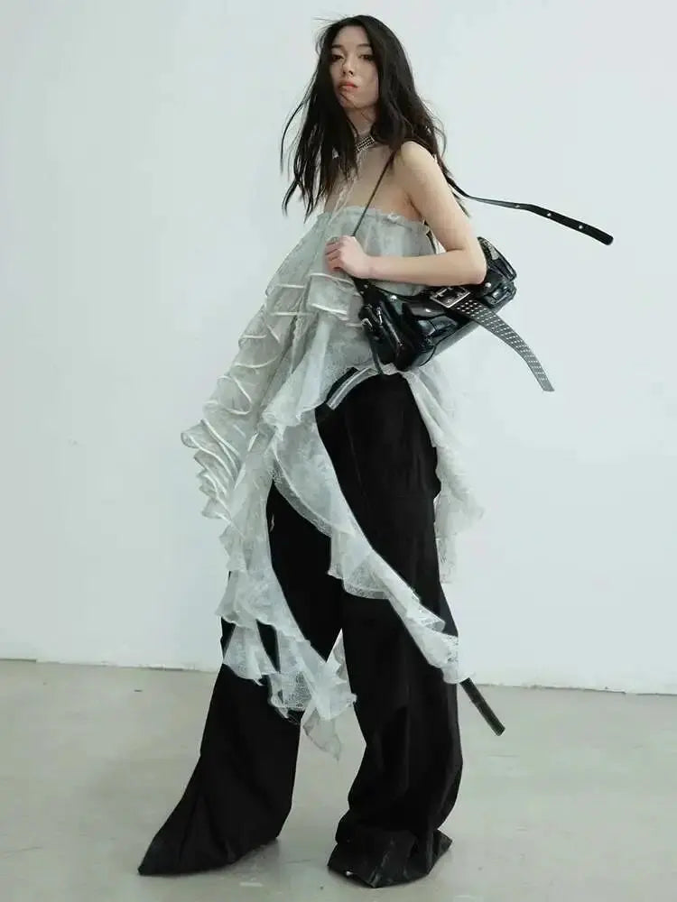 Light Gray Irregular Ruffles Tank Tops Blue Moon Fashion House