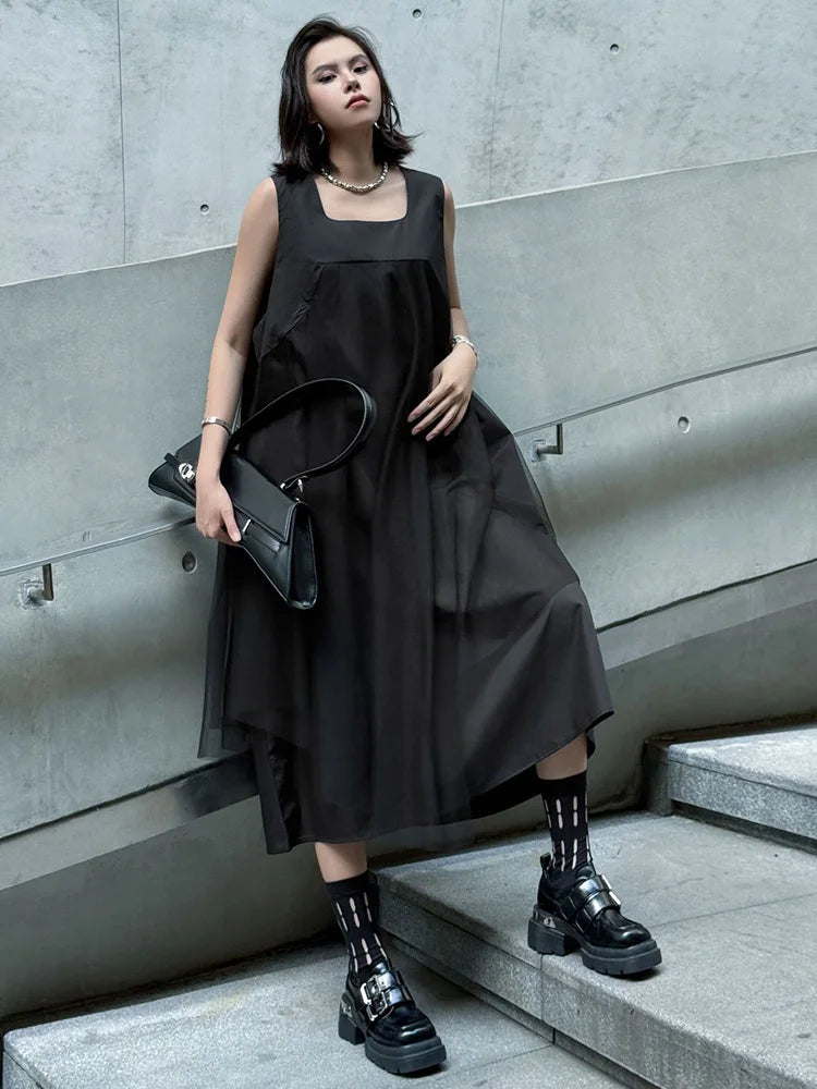 Blue Moon Fashion Gray Mesh Color-block Big Size Midi Vest Dress