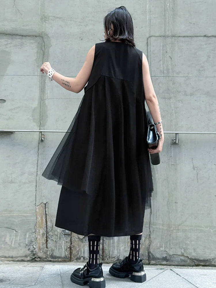 Blue Moon Fashion Gray Mesh Color-block Big Size Midi Vest Dress