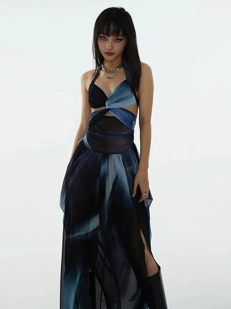 Furla Dress, Black Blue Printed Backless Dress Blue Moon Fashion House