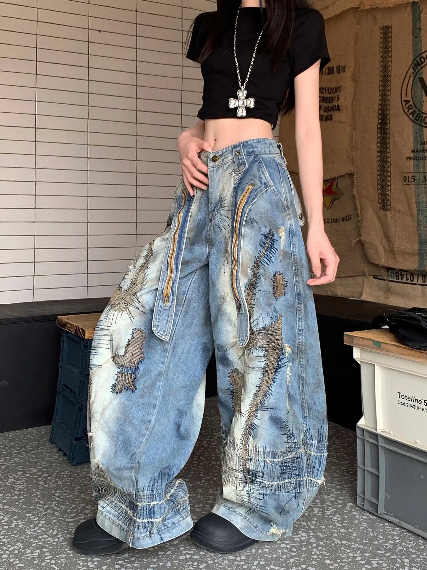 Blue Moon Fashion Loose Jeans High Waist Wide Leg Embroidery Distressed