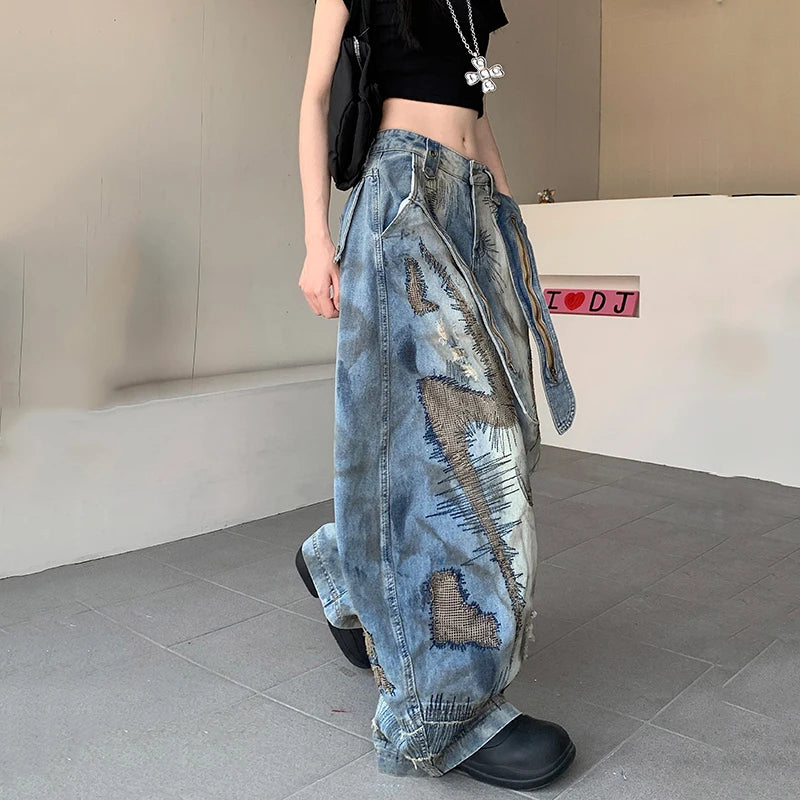 Blue Moon Fashion Loose Jeans High Waist Wide Leg Embroidery Distressed