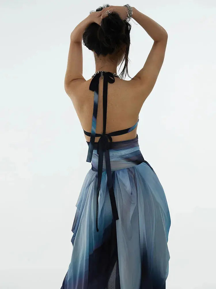 Furla Dress, Black Blue Printed Backless Dress Blue Moon Fashion House