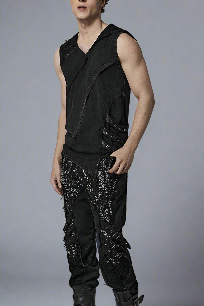 Men's Elastic Knitted Hooded Black Tank