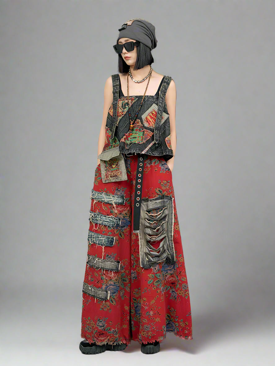 Blue Moon Fashion Vintage Style Printed Denim Vest Wide-leg Trousers Two-piece Set