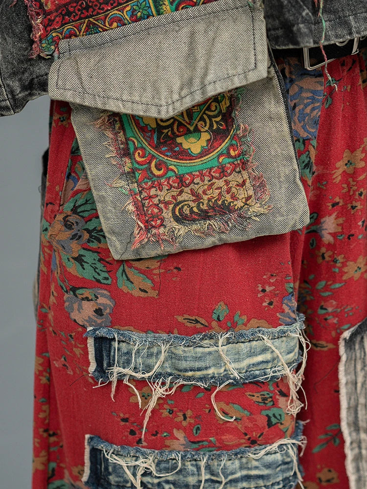Blue Moon Fashion Vintage Style Printed Denim Vest Wide-leg Trousers Two-piece Set