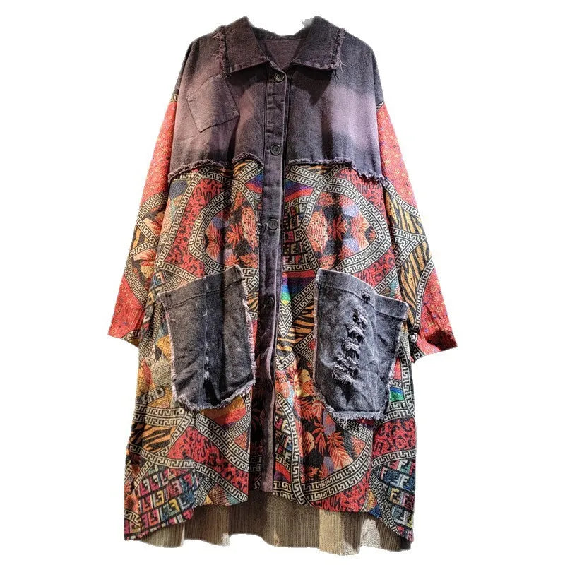 Blue Moon Fashion Irregular Patchwork Print Denim Long Coat