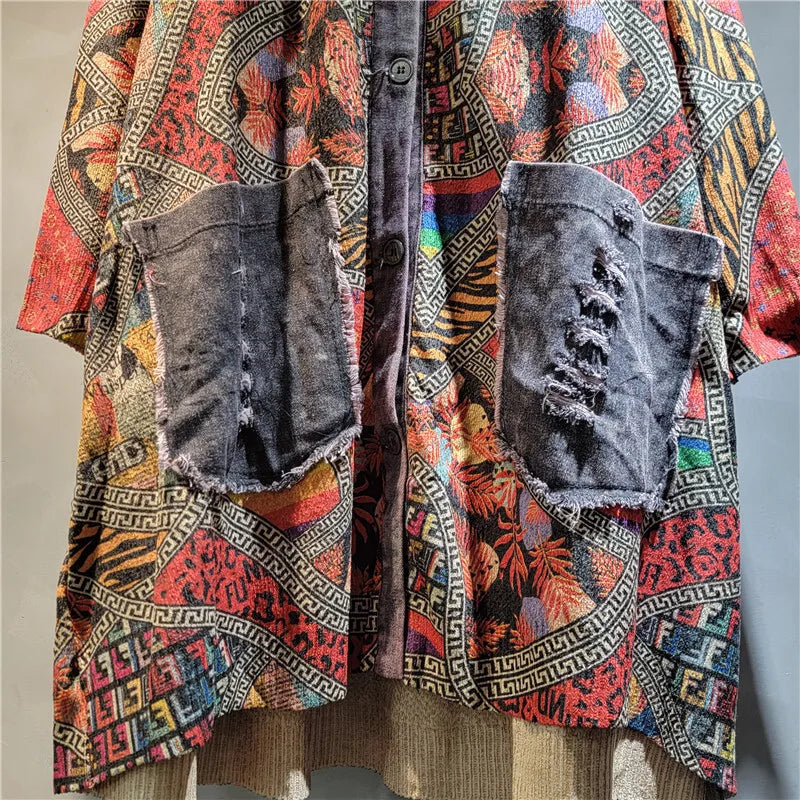 Blue Moon Fashion Irregular Patchwork Print Denim Long Coat