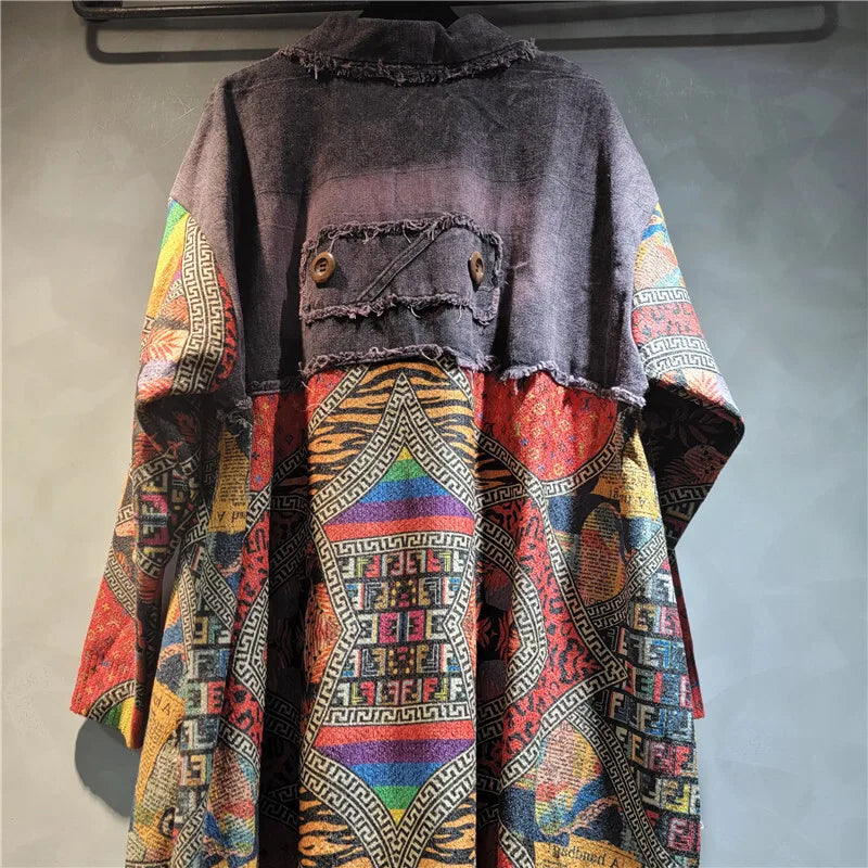 Blue Moon Fashion Irregular Patchwork Print Denim Long Coat