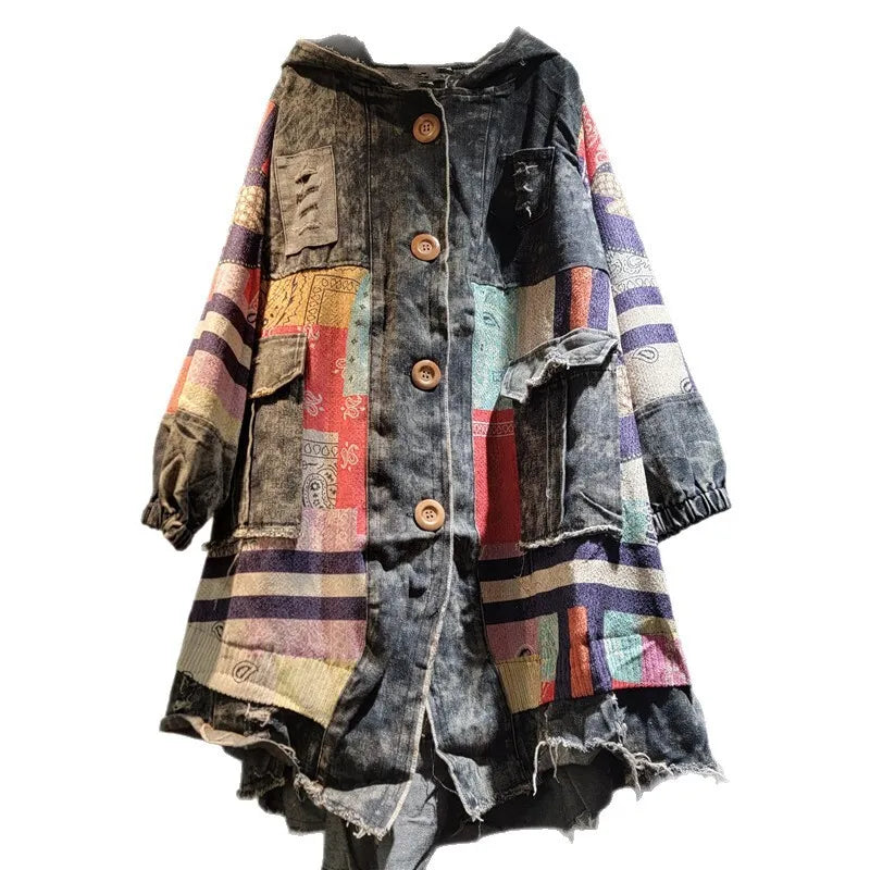 Blue Moon Fashion Irregular Patchwork Print Knit Hooded Denim Long Coat