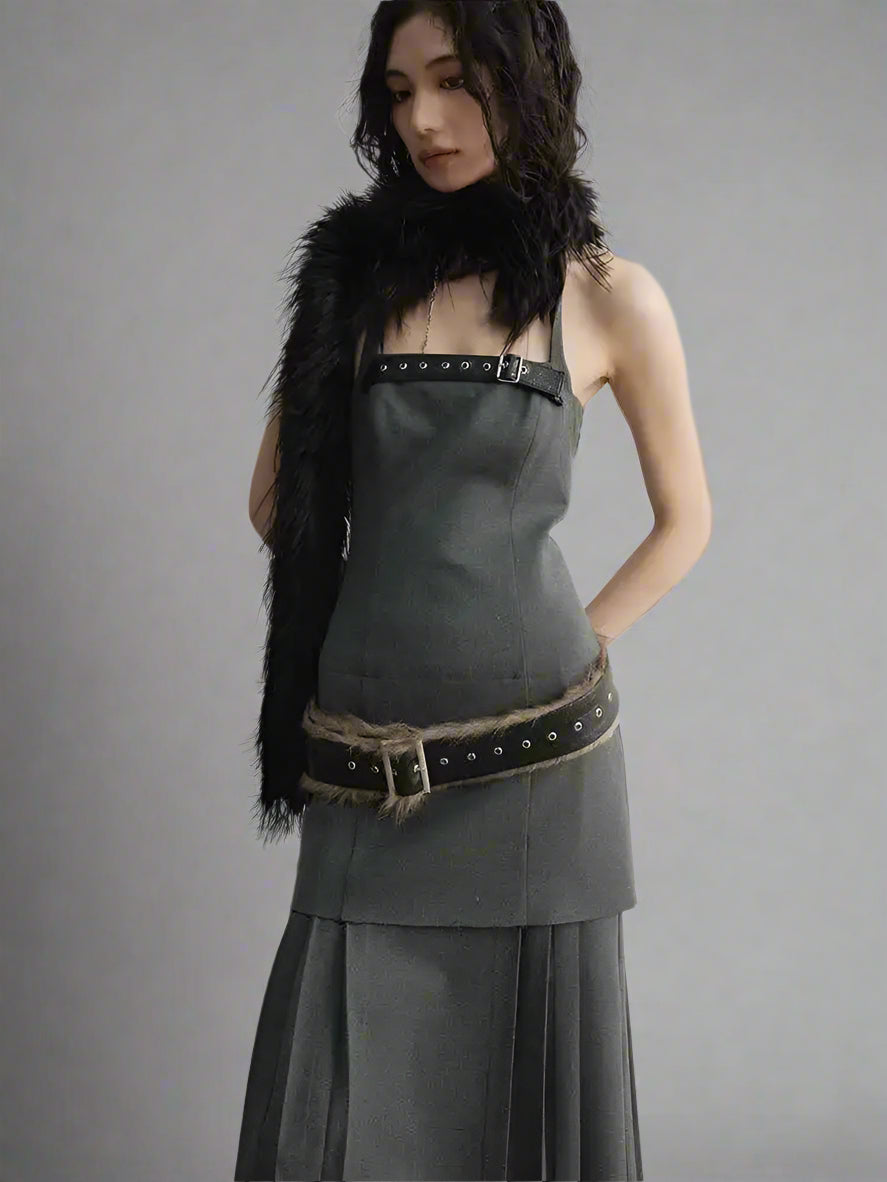 Blue Moon Fashion Tira Leather Hem Pleated Wool Belt Dress