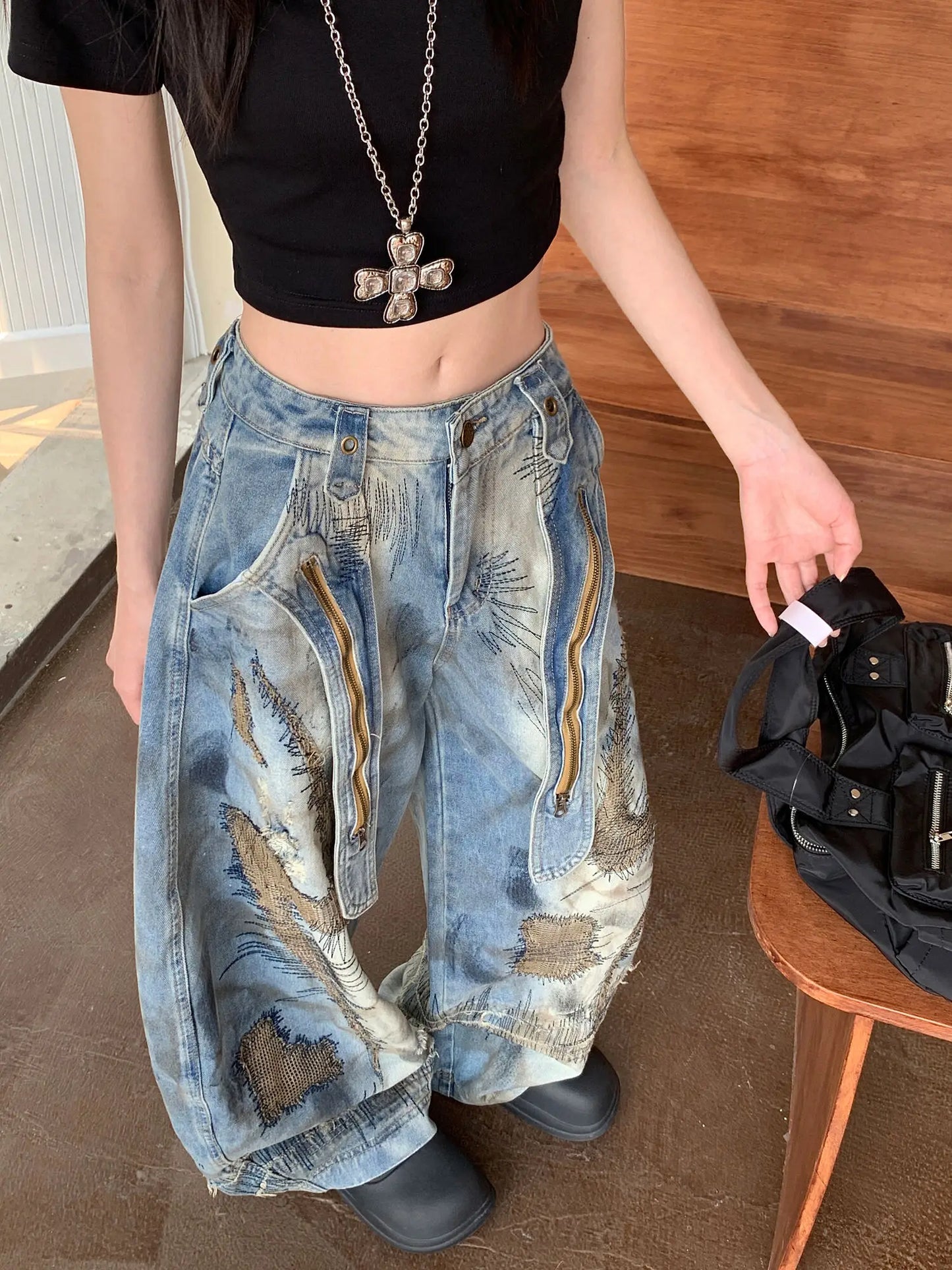 Blue Moon Fashion Loose Jeans High Waist Wide Leg Embroidery Distressed