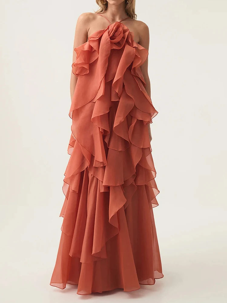 Flower Ruffles Backless Elegant Dress