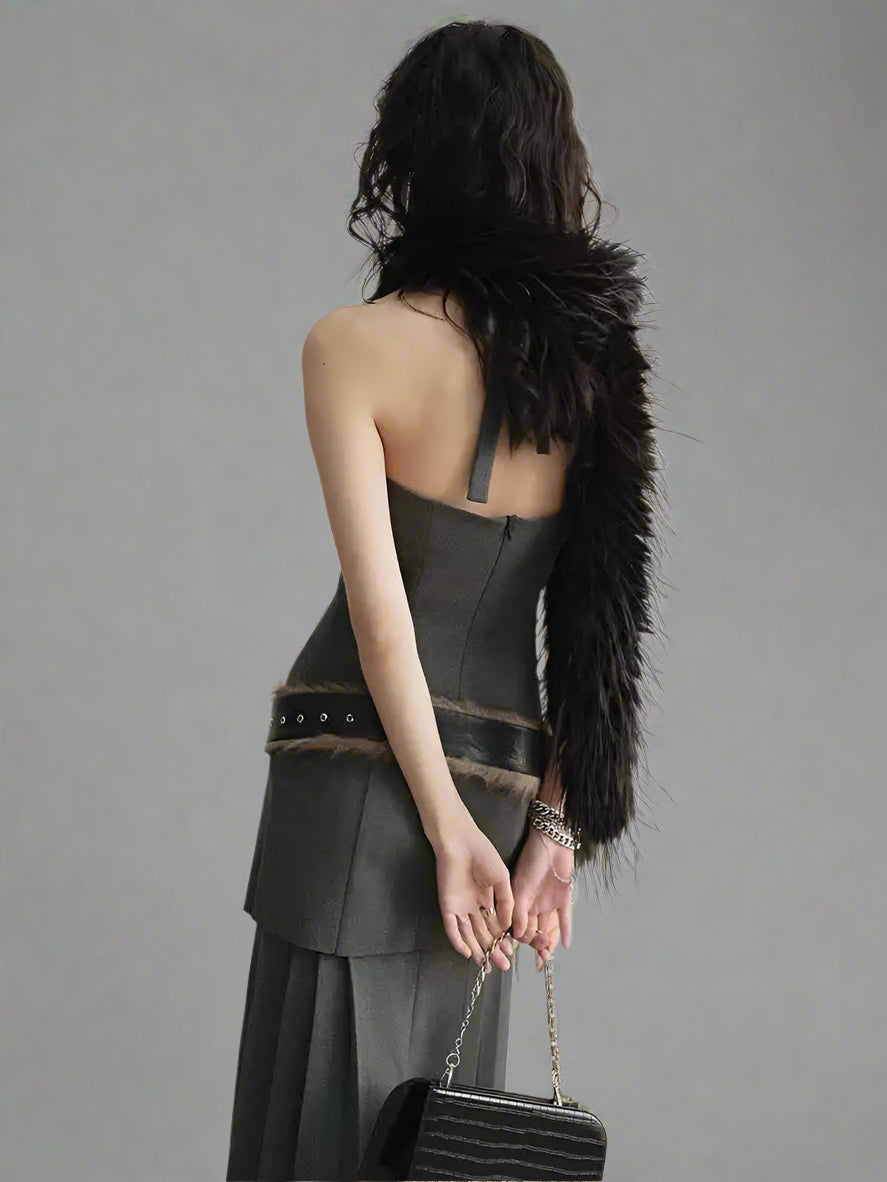 Blue Moon Fashion Tira Leather Hem Pleated Wool Belt Dress