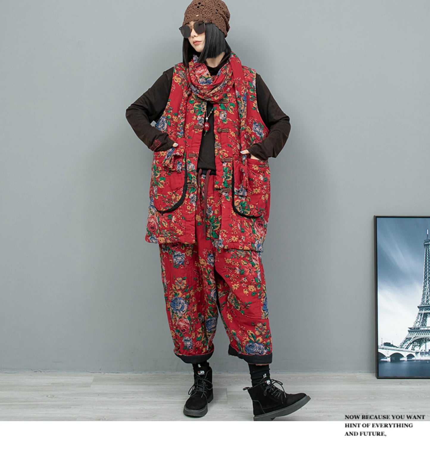 2PCS Chinese Style Floral Print Padded Clothing Set Plus Size Winter Thick Pants Suit Long Style Sleeveless Coat +Trousers