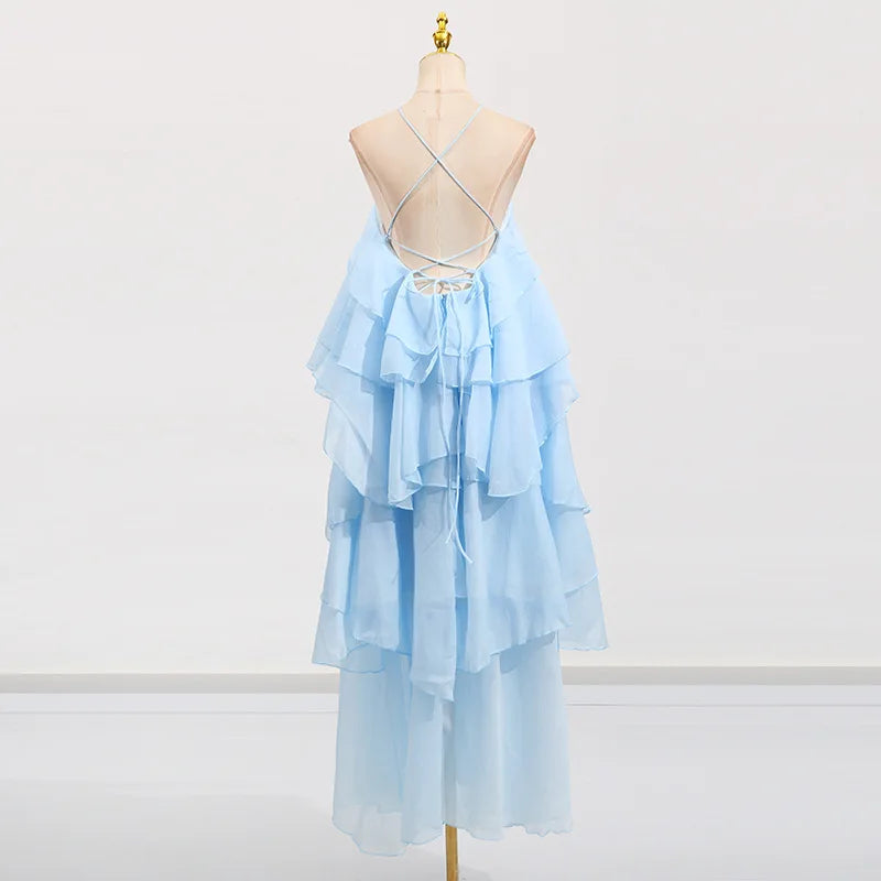 Flower Ruffles Backless Elegant Dress