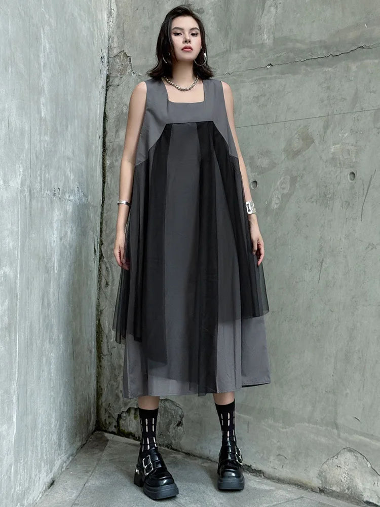 Blue Moon Fashion Gray Mesh Color-block Big Size Midi Vest Dress