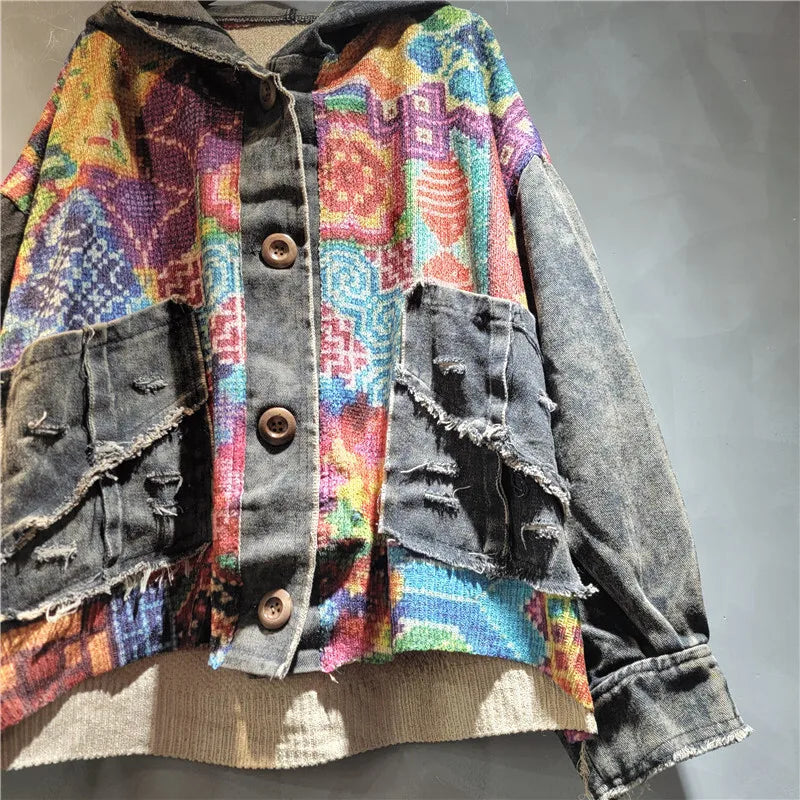 Blue Moon Fashion Irregular Contrast Color Knit Print Hooded Denim Jacket