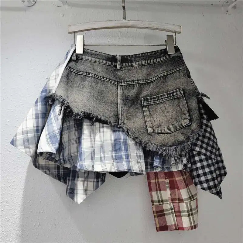 Blue Moon Fashion Patchwork Plaid Button Design Denim Skirts