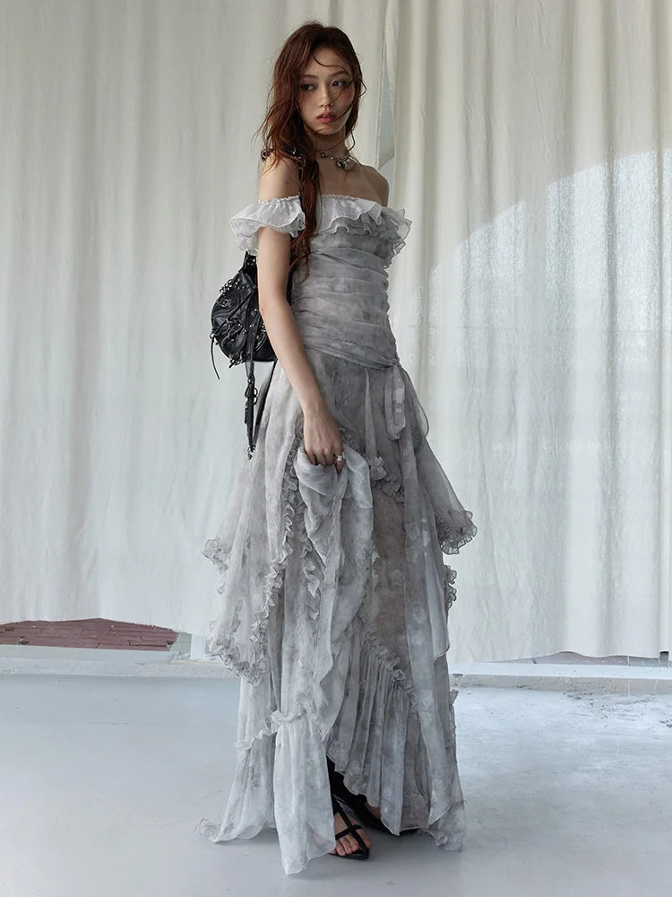 Light Gray Printed Ruffles Elegant Long Dress