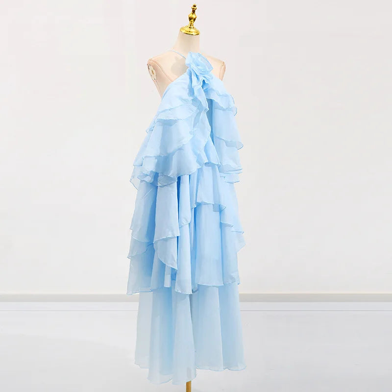 Flower Ruffles Backless Elegant Dress