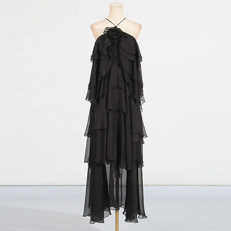 Flower Ruffles Backless Elegant Dress