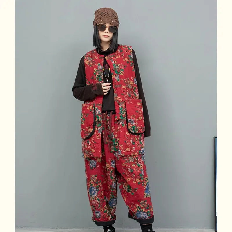 2PCS Chinese Style Floral Print Padded Clothing Set Plus Size Winter Thick Pants Suit Long Style Sleeveless Coat +Trousers