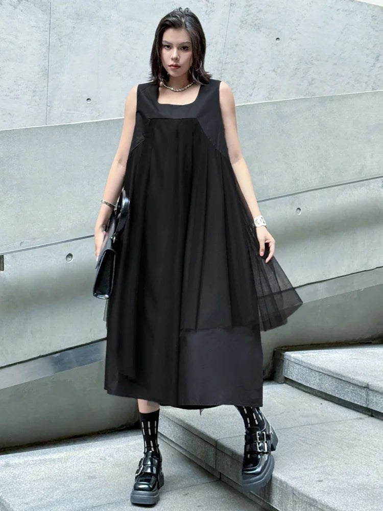 Blue Moon Fashion Gray Mesh Color-block Big Size Midi Vest Dress