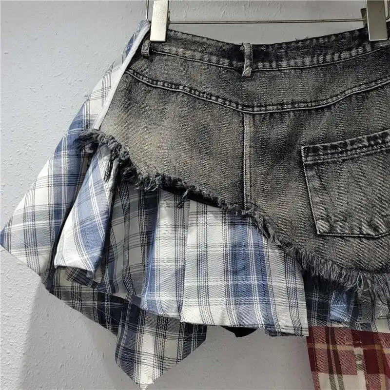 Blue Moon Fashion Patchwork Plaid Button Design Denim Skirts