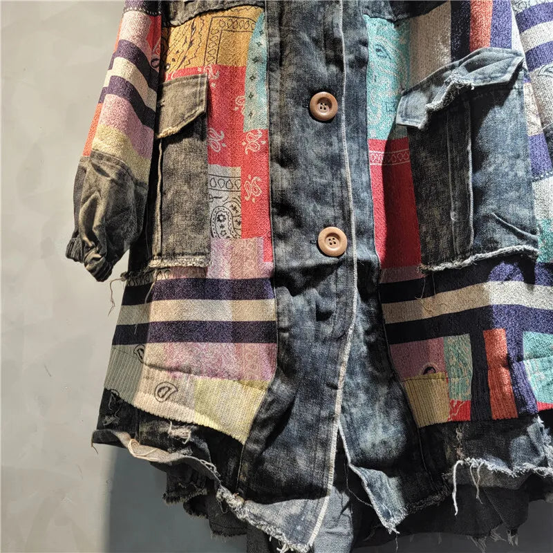 Blue Moon Fashion Irregular Patchwork Print Knit Hooded Denim Long Coat