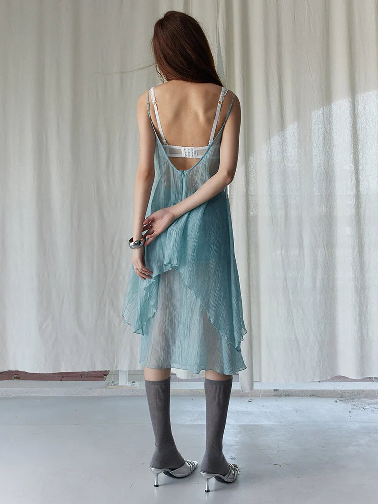 Green Ruffles Tank Top and Skirt Two Pieces Suit